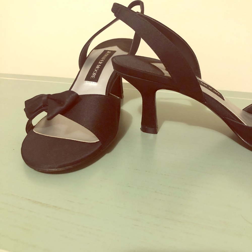 Black satin bow detail sandals with 2” heel